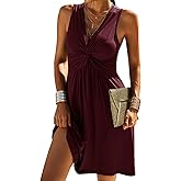 Veatzaer Women's V Neck Front Knotted Sleeveless Tank Dress Summer Solid Casual A Line Dress