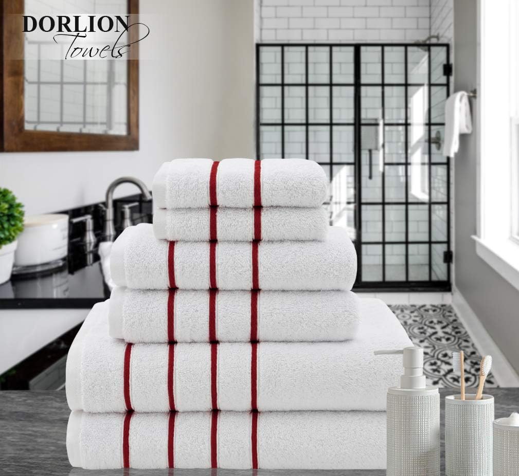 Dorlion Towels, 6 Piece Striped Towel Set, 100% Turkish Cotton Plush, High Absorbent, Super Soft, Quick Dry Turkish Towel Set for Bathroom, Burgundy Red: Kitchen & Dining
