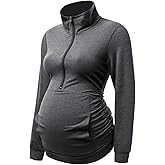 DEBELLY Maternity Shirt with Pocket Women's Lapel Top Casual Pregnancy Long Sleeve Zipper Hoodie