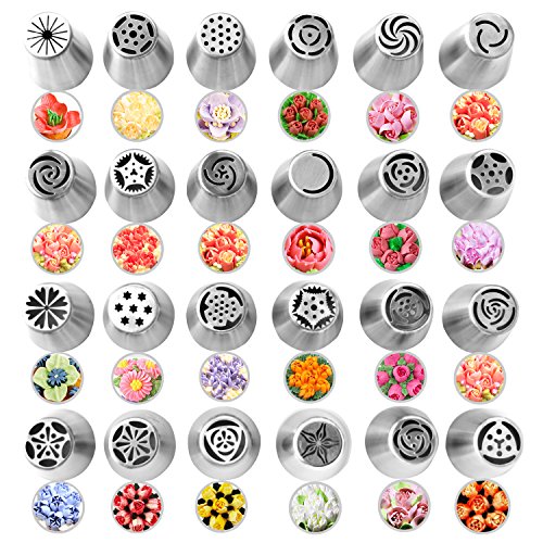 24Pcs Russian Piping Tips for Cake Baking Supplies, Professional Stainless Steel DIY Icing Tip Set Tools with Large Size, Cake Decorating Tips