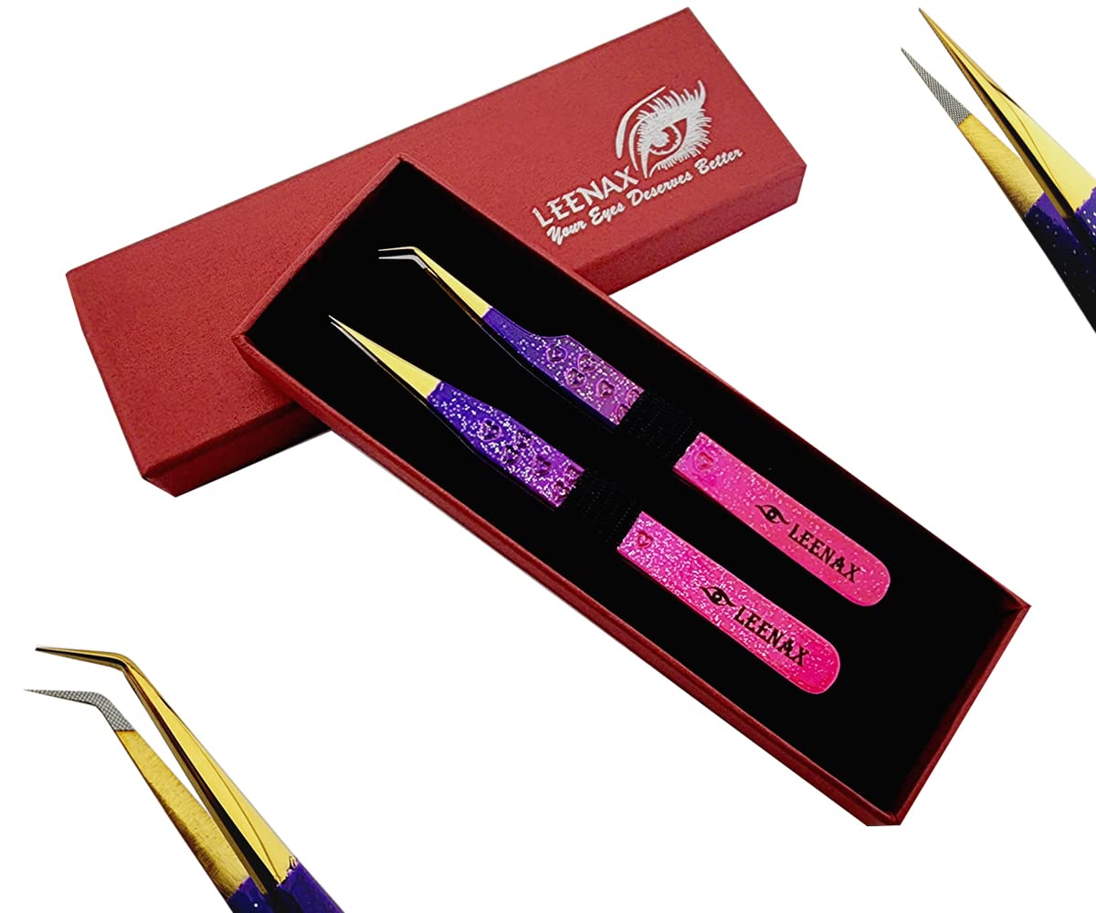 Leenax 2 Pieces Fiber Tip (Anti – Slip) Eyelash Extension Tweezers, Straight and 45-Degree Volume Tweezers, Japanese Stainless Steel, Hearts Design (Multi)