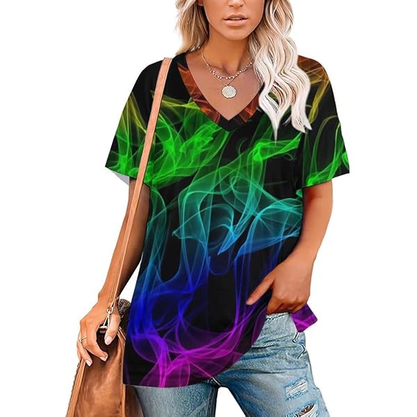トップス NEON SIGN V-NECK T-SHIRT Glow in Dark Splatter Neon (7) Women's Summer Tops V Neck T