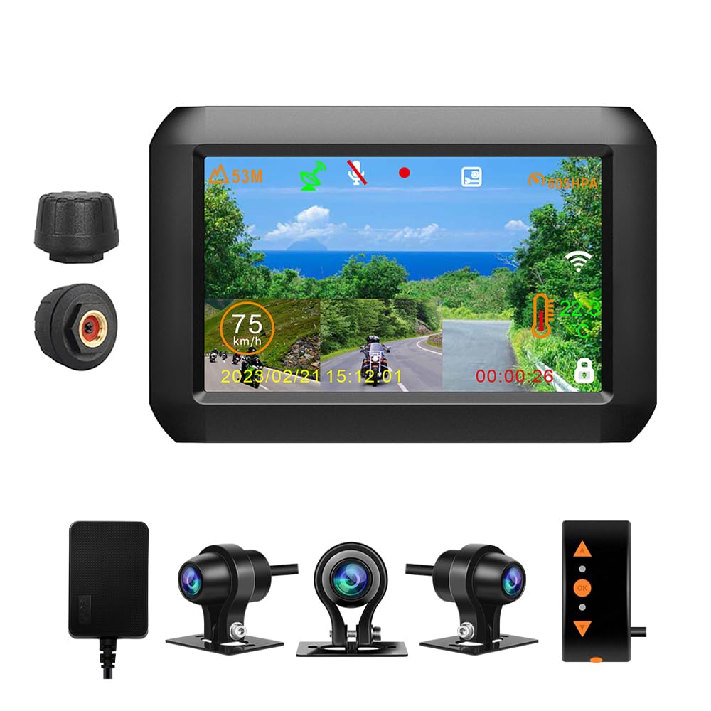 VSYSTO WiFi Motorcycle Dash Camera, Parking Monitoring, Tire Pressure Sensors, GPS, 4'' Screen Motorbike Rear View Camera, HD 1080P Front & 720P Left & Right Camera, Temperature Display, G-sensor