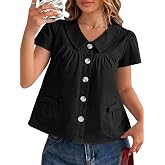 Tankaneo Womens Peter Pan Collar Button Down Shirts Short Sleeve Summer Casual Babydoll Blouse Cute Trendy Cotton Preppy Tops