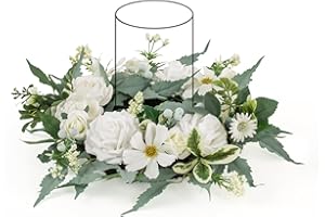 WELL KNOWN Artificial Flower Candle Rings Wreath, 12" Small White Fall Wreath for Candles & Candleholders, Autumn Winter Centerpieces for Home Table Decor