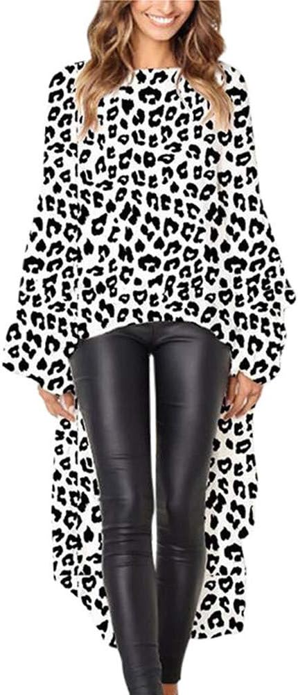 Leopard Crop Tops,Kulywon Women Leopard Printed Asymmetric T-Shirts Hem Plain Lantern Sleeve Tops Blouse