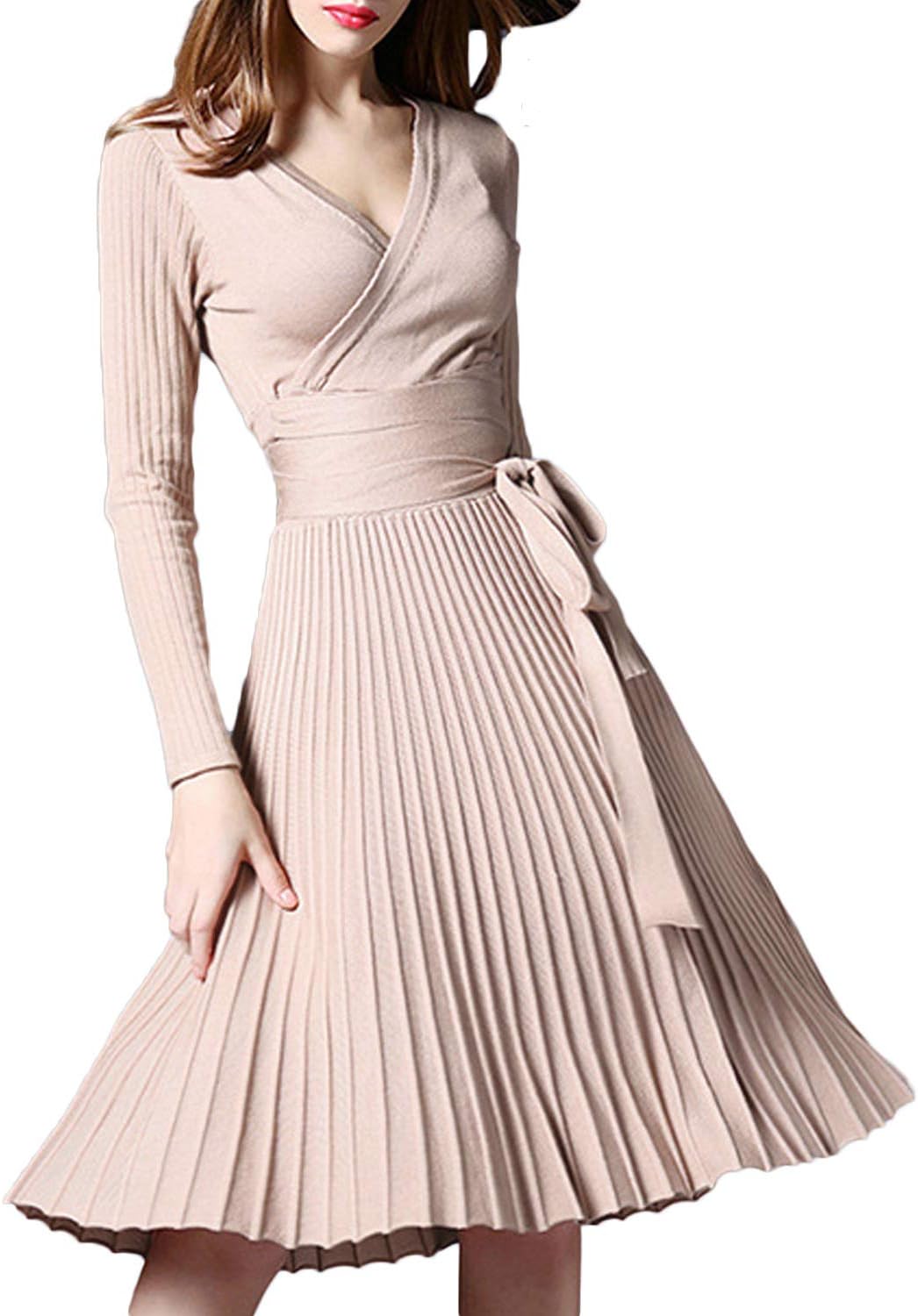Women V Neck Long Sleeve Mock Wrap Fit Flare Belted Knit Sweater Dress