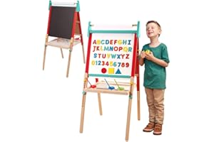 Battat Wooden Art Easel for Kids with Magnetic Whiteboard & Chalkboard - Double-Sided Educational Toddler Toys with 61 Art Supplies, Adjustable Height & Paper Roll Holder - Creative Learning Station