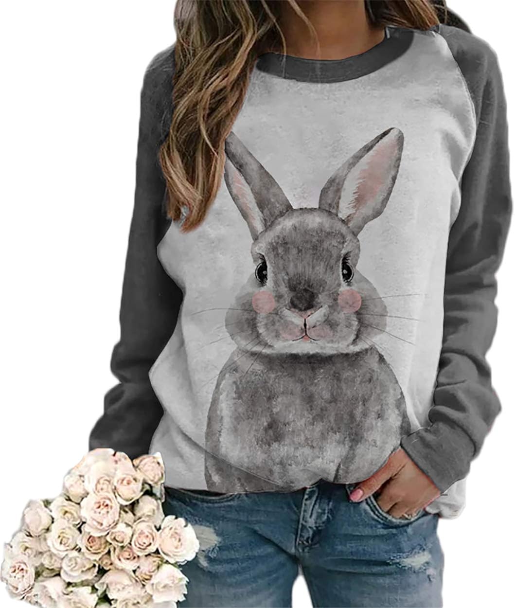 Rabbit Sweatshirt for Women, Shy Bunny Print Thin Sweatshirt Pullover ...