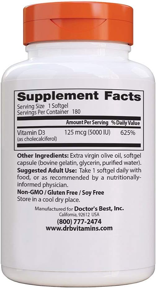 Doctor's Best Vitamin D3 5000IU, Non-GMO, Gluten Free, Soy Free, Regulates Immune Function, Supports Healthy Bones, 180 Count (Pack of 1): Health & Personal Care