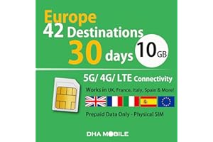 DHA SIM Europe Data Only SIM Card 5G/4G 10GB – 30 Days Prepaid | 42 Destinations EU Coverage (UK, France, Italy, Spain & More) | No Calls/Text | 3-in-1 | Plug‑&‑Play