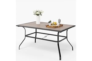 MFSTUDIO 60" x 37" Patio Dining Table Large Rectangular Table, Backyard Bistro Outdoor Furniture Garden Table with Metal Frame and Umbrella Hole, Brown