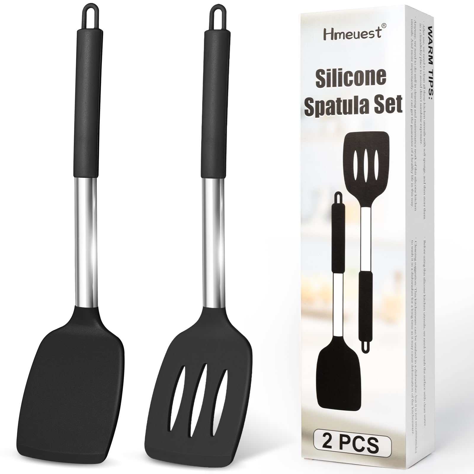 Silicone Spatula, 2 Pcs Heat Resistant Slotted Spatulas for Cooking, BPA Free Non Stick Flexible Silicone Spatula Set, Large Black Spatula Turner for Baking, Frying, Flipping Eggs, Pancakes