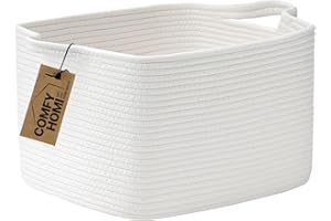 COMFY-HOMI Cotton Rope Woven Basket With Handles for Shelf, Pet Toy, Book, Cloth Storage Basket-13.5" x 11" x 9.5" Nursery Cube Bin,Decorative Storage Organizer for Living Room, Bathroom-white