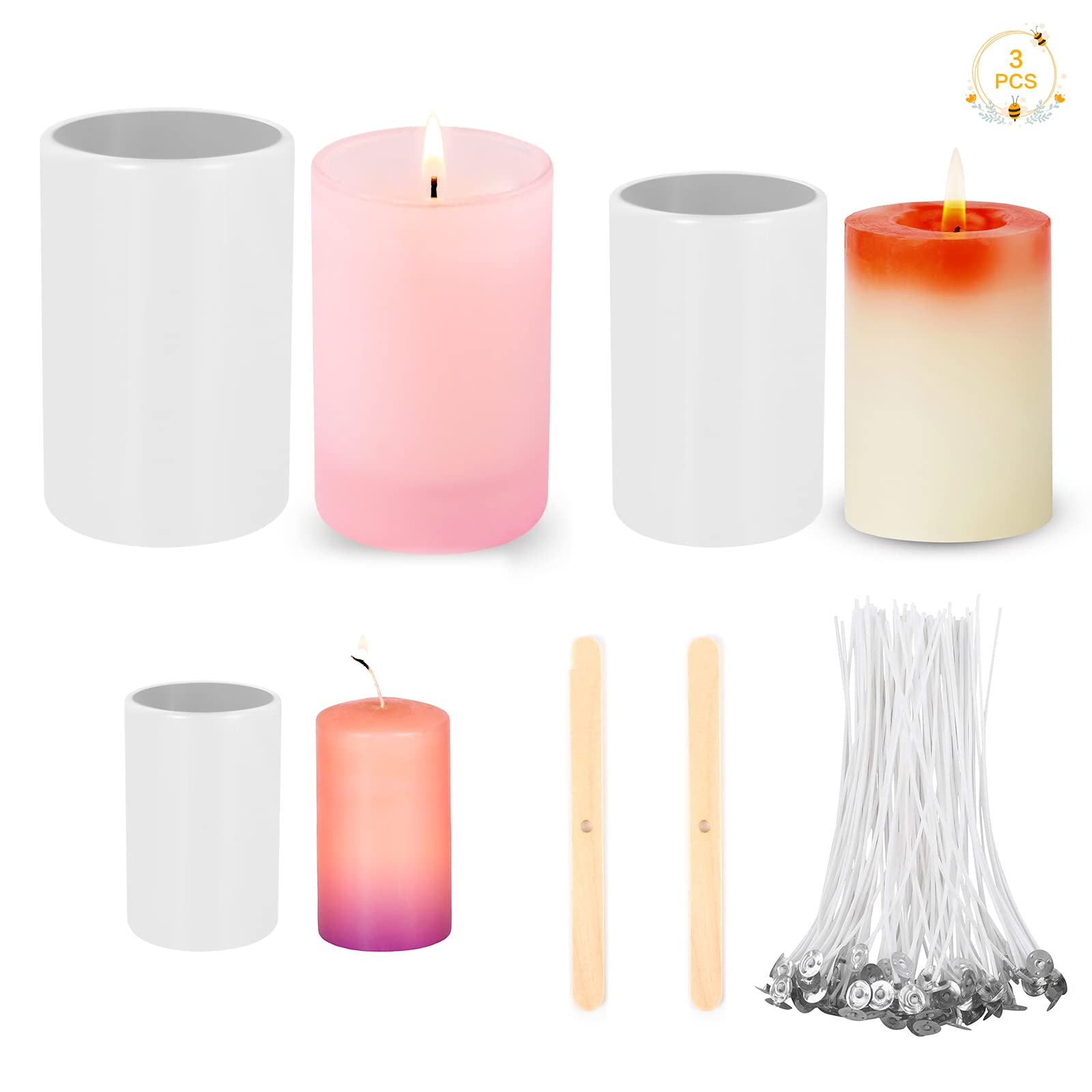 Ruicaifu 3 PCS Silicone Candle Mould Set, Pillar Candle Moulds for Candle Making Cylinder Candles Casting Moulds with 50 PCS Candle Wick 2 PCS Candle Wick Holder for DIY Wax Candles Soap Crafts