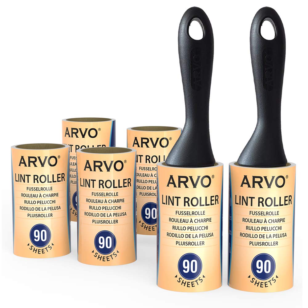 ARVO Lint Roller for Pet Hair and Dust, Hair Remover 6 pack/540 sheets with 90sheets/roll, Lint Rollers for Clothes, Furniture’s and Carpet, Easy tear, Fluff remover, Sticky Roller Refill