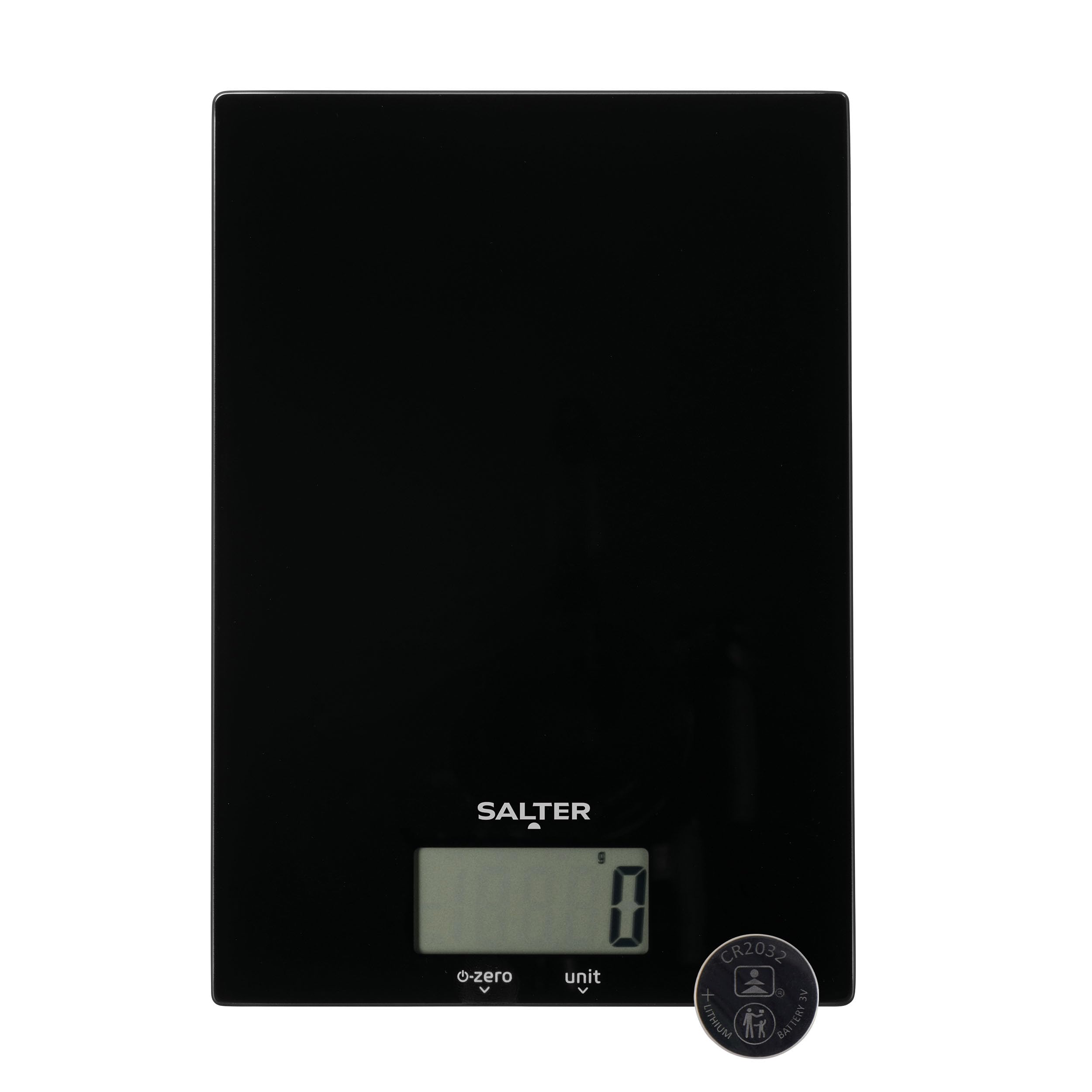 Salter 1170 BKDR Electronic Kitchen Scale - 5kg Capacity Digital Weighing Scale, Slim Design, Easy Clean Glass Platform, Add & Weigh, Measure Liquids, Easy Read LCD Display, Battery Included, Black
