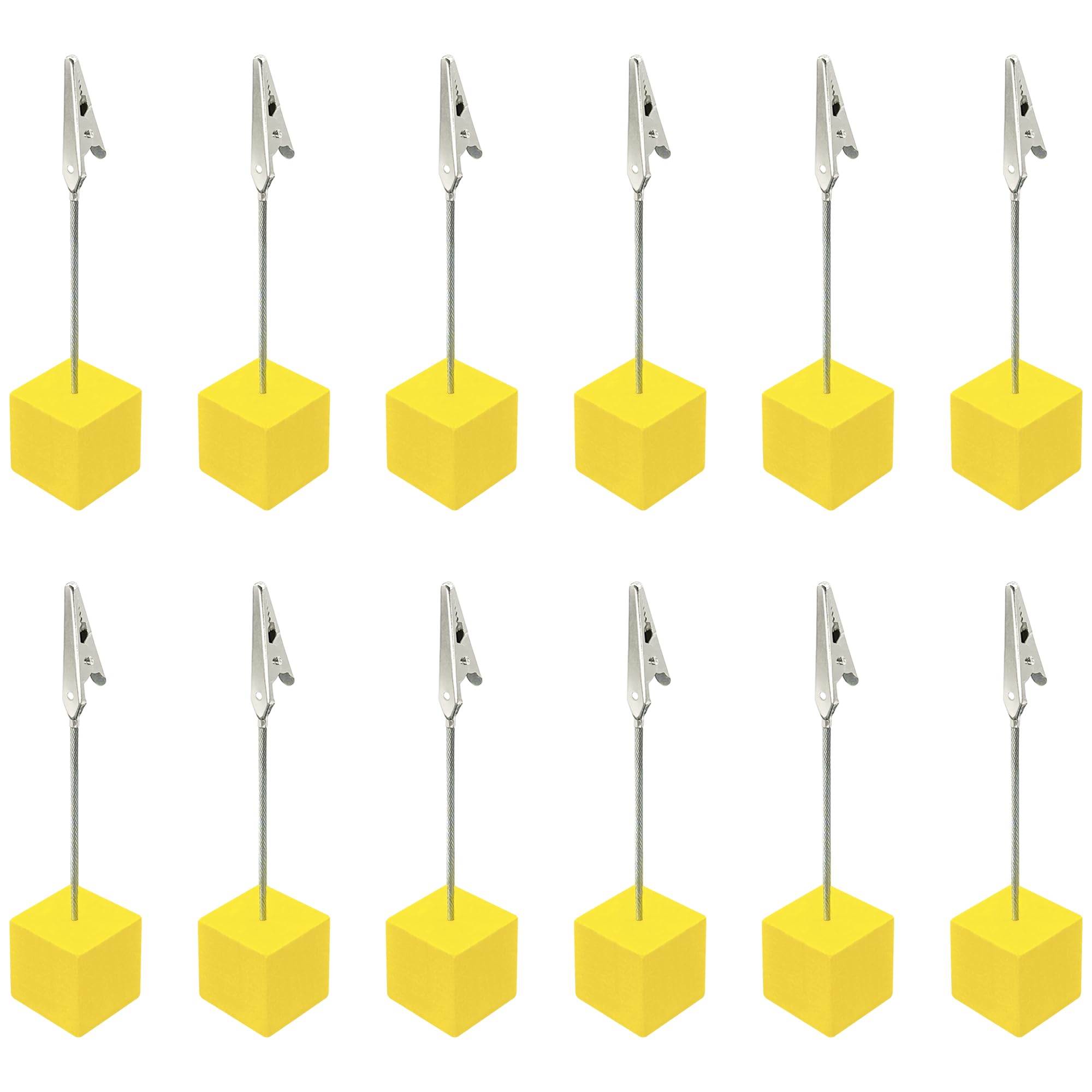 12 PCS Memo Holders with Wooden Base,Yellow Place Card Holders Standing Photo Memo Clips (25mm)