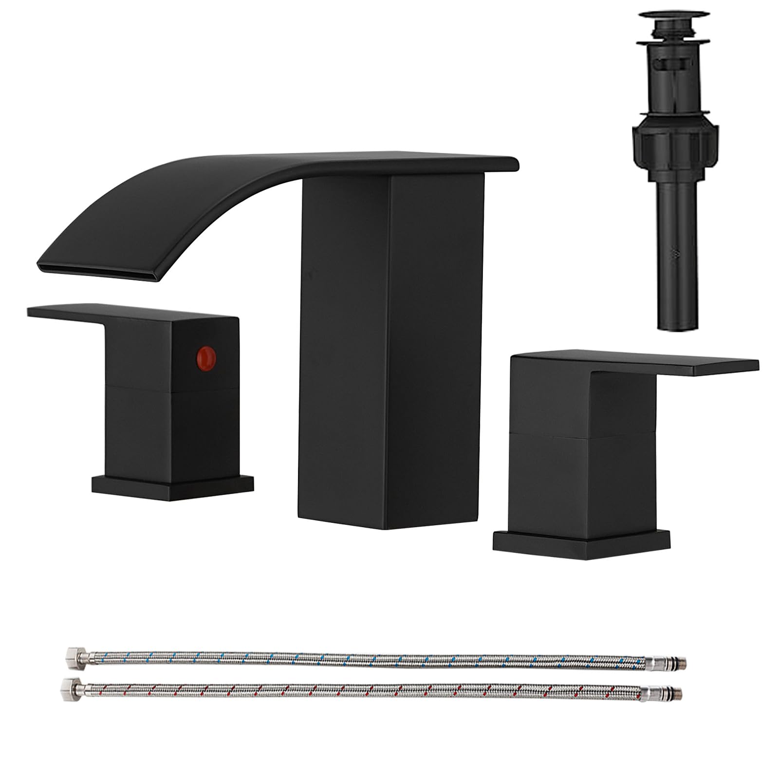 Photo 1 of RUMOSE 8 inch Bathroom Faucets Set Matte Black Bathroom Sink Faucet 3 Hole with Pop Up Drain Widespread 2 Handles Stainless Steel Lavatory Vanity Faucet Waterfall Spout Deck Mounted