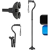 Medline Offset Folding Cane, 4-Point Base with Cushioned Gel Handle, Supports up to 350 lbs, Black