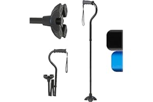 Medline Offset Folding Cane, 4-Point Base With Cushioned Gel Handle, Supports Up To 350 Lbs, Black