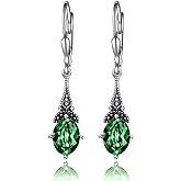 AOBOCO Vintage Earrings for Women Sterling Silver Retro Drop Dangle Leverback Earrings with 8x6mm Oval Genuine or Simulated Birthstone Crystal from Austria, Anniversary Jewelry Gifts for Her (Gift Box)