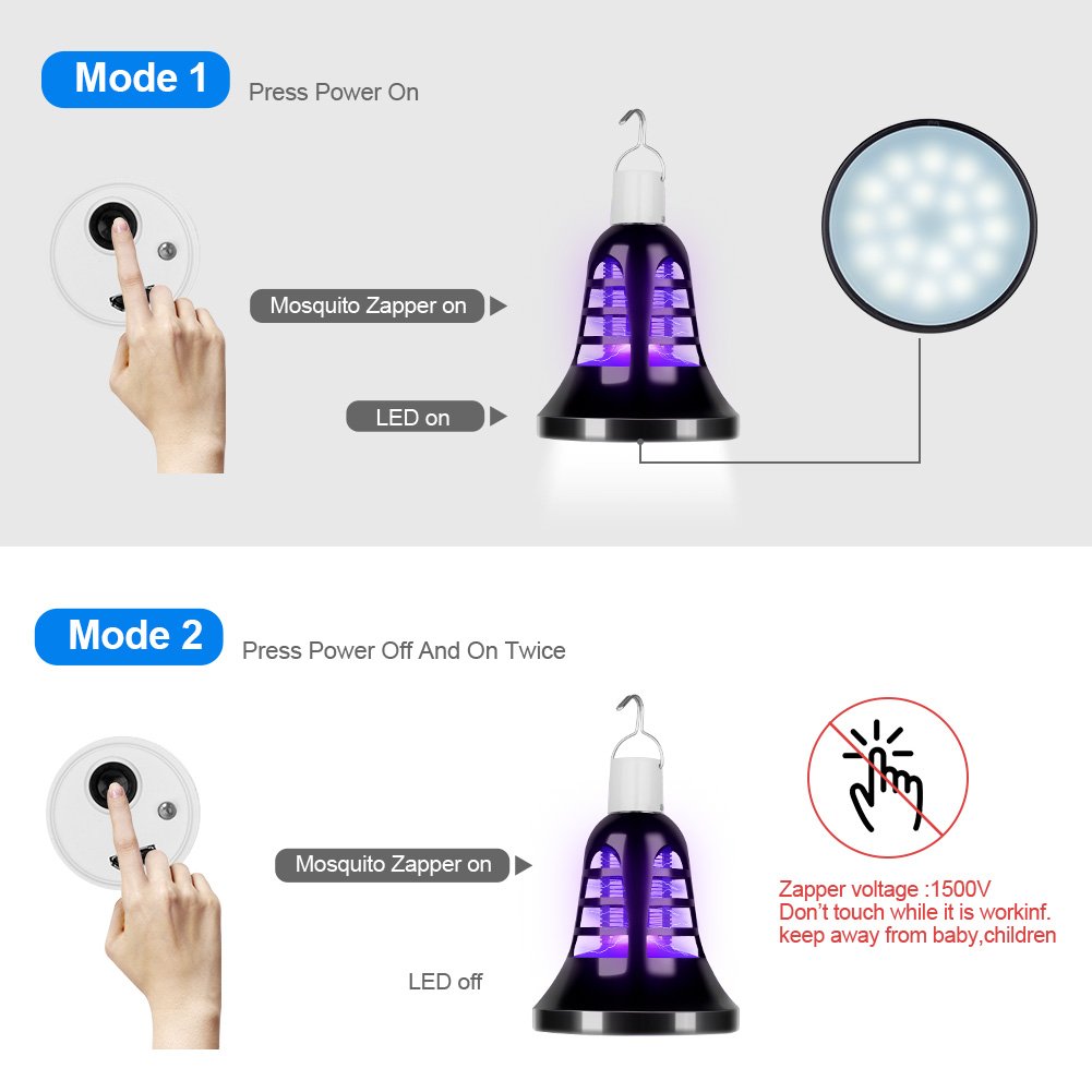 Mosquito Insect Killer Lamp- Portable Bug Zapper 2 in 1 18 LED 8W USB Light Bulb LED Camping Lantern Tent Light for Indoor & Outdoors, Home Kitchen & Traveling (6.6 FT USB Cable)