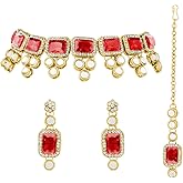 Aheli Ethnic Faux Kundan Necklace Earrings Maang Tikka Indian Bollywood Jewellery Set Gift for Women