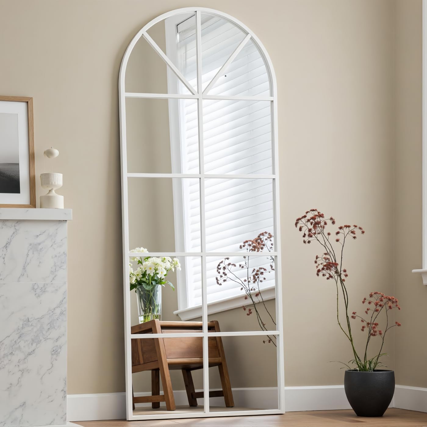 Photo 1 of Mirror Full Length, 65"x22" Arched Window Pane Mirrors for Wall Decor, White Full Body or Wall Mounted Mirrors, Farmhouse Standing Mirror Hanging or Leaning for Living Room, Entryway, No Stand