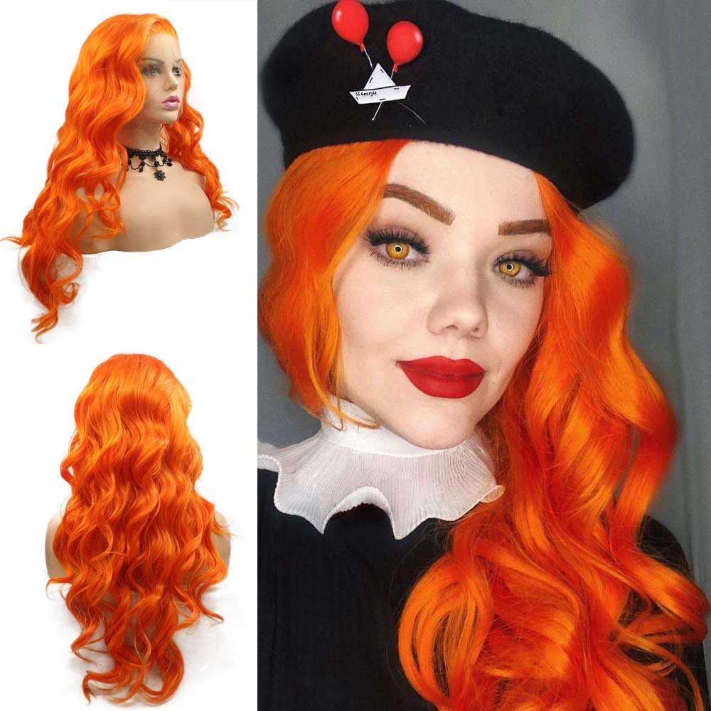 Orange Wig Long Curly Wavy Yellow Red Lace Front Wigs for Women High Density Natural Hairstyle Front Lace Synthetic Wigs Hair Replacement Wig Daily Festival Cosplay Wigs (Orange)