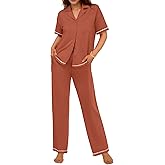 Ekouaer Cotton Pajamas Sets for Women 2 Piece Button Down Short Sleeve Pj Set with Long Pants Lounge Set Soft Sleepwear S-XXL