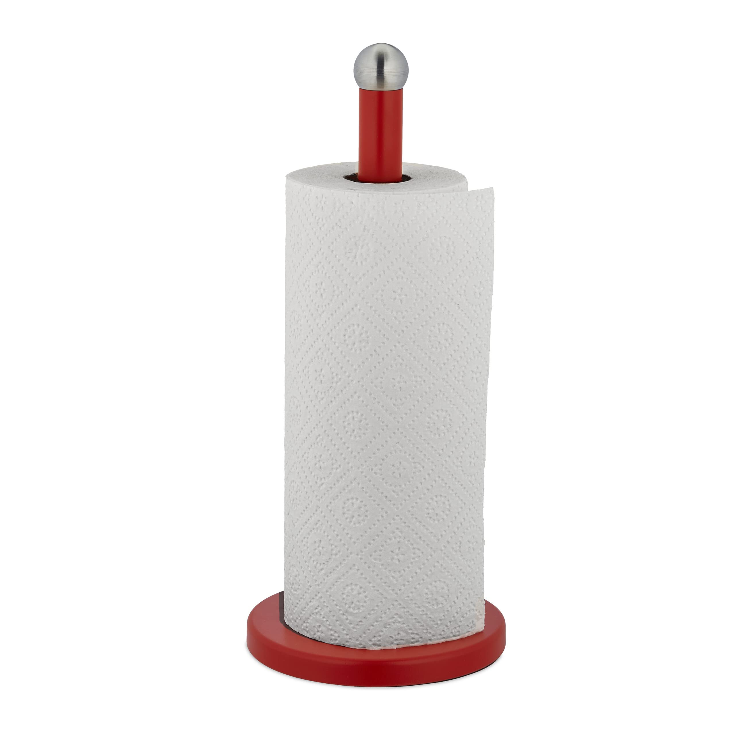 Relaxdays Kitchen Roll Holder, Stainless Steel, Paper Towel Stand for The Counter, HxØ: 35 x 15 cm, Silver/Red