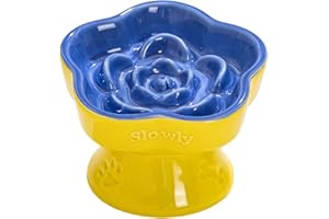 Aquainno Ceramic Raised Slow Feeder Cat Bowl, Elevated Tilted Anti-Vomiting Pet Bowl for Cats & Small Dogs - Cute Flower Design, Non-Slip Base, Shallow Wide Dish for Dry/Wet Food (Blue, 5.8 Inch)