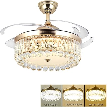 DSechcrsL Kristall Deckenventilator, Gold Kronleuchter, Remote