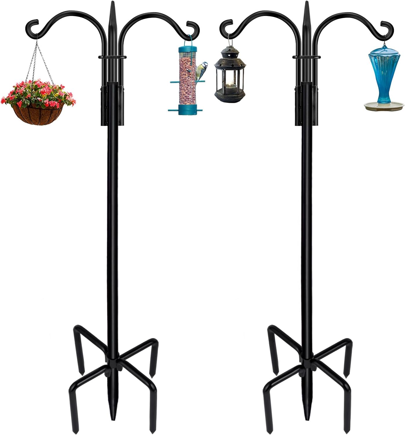 Outdoor Shepherd's Hooks - STAUKOK Double Shepherds Hooks for Outdoor, 2 Pack 104 Inch New Version Bird Feeder Pole with 5 Prongs Base, Heavy Duty Garden Hook for Hanging Plant, Lantern, Hummingbird Feeder
