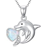 925 Sterling Silver Dolphin Necklace with Heart Opal for Women Diamond Dolphin Pendant Necklace for Mother Wife
