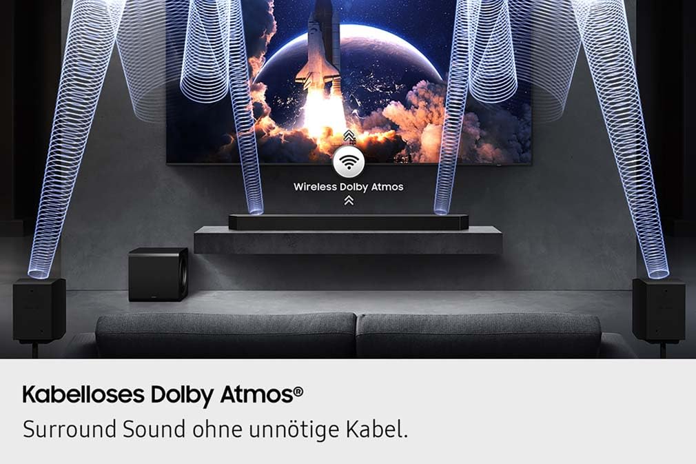 Samsung HW-Q995GF Q-Series 11.1.4-Kanal-Soundbar für Fernseher, Kabelloser 8"-Dual-Subwoofer, 4.0.2-Kanal-Rücklautsprecher, Kabelloses Dolby Atmos und DTS:X, SpaceFit Sound Pro, Q-Symphony 7