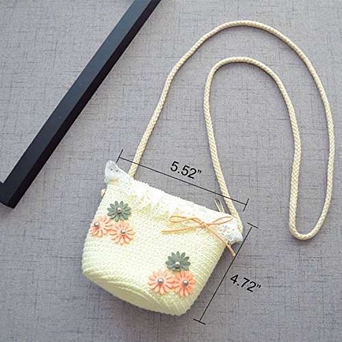 Straw Sun Hat Bag Set, Cute Bow Summer Beach Flower Bow Lace Sun Cap and Handbag for Kids Girls (White)