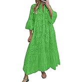 chouyatou Women's 2026 Lace Eyelet Embroidery Maxi Dress V-Neck Trumpet Sleeve Boho Flowy Swing Dress