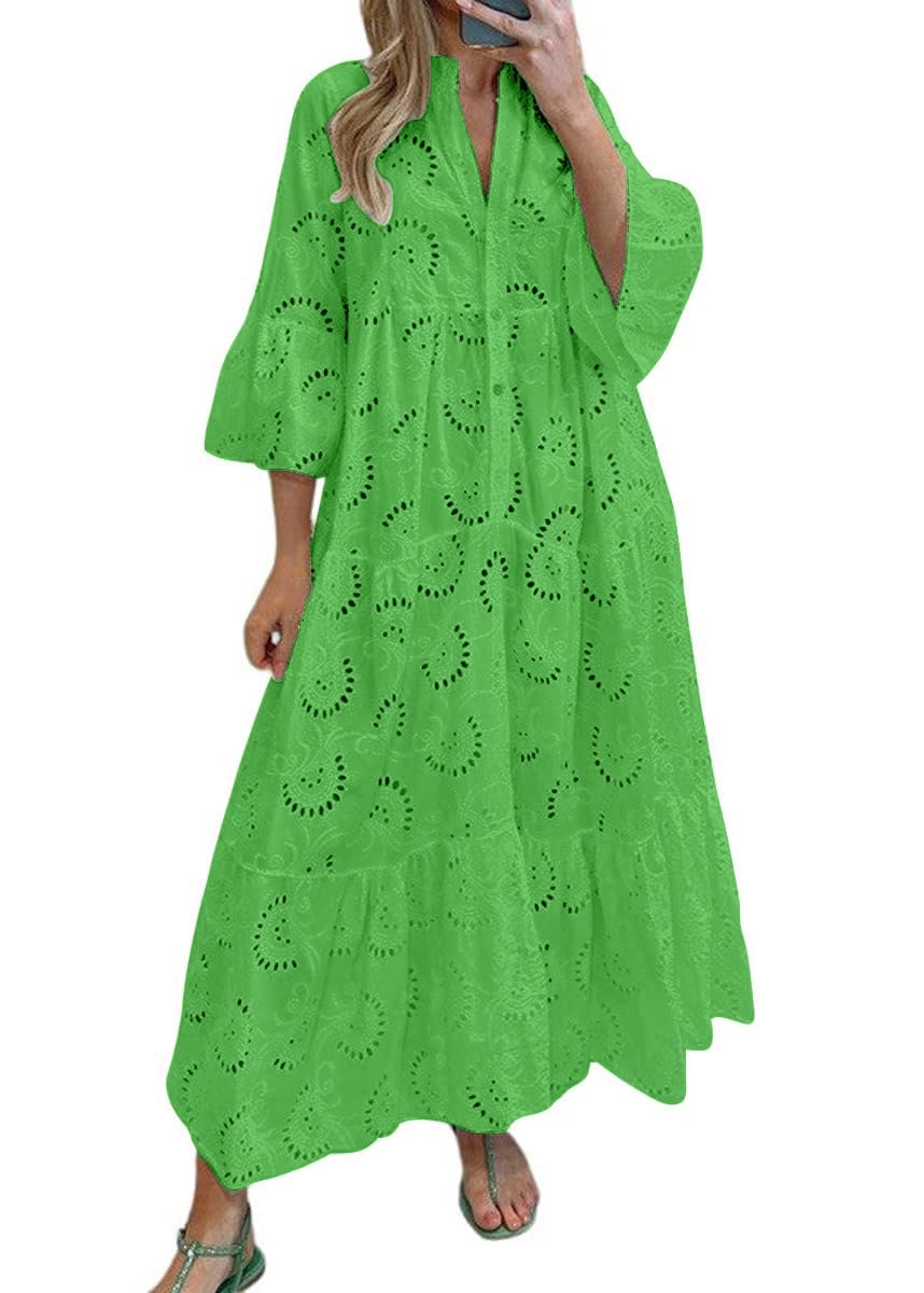 Photo 1 of chouyatou Women's 2025 Lace Eyelet Embroidery Maxi Dress V-Neck Trumpet Sleeve Boho Flowy Swing Dress (XX-Large, Green)
