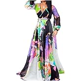 lvenzse Womens Maxi Dress Boho Chiffon Floral Printed Long Party Dresses Plus Size with Belt (FBA)