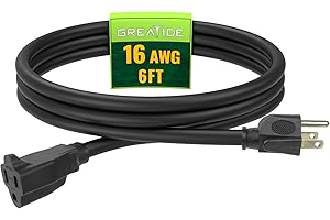 GREATIDE Extension Cord 6 FT, Outdoor 16/3 SJTW Weatherproof Black Electrical Cords, 13 AMP 3 Prong Power Cable Great for Gar
