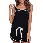 OYOANGLE Women's 2 Pieces Pajama Sets Solid Tank Top Cami and Bow Shorts Sleepwear Summer Lounge Sets