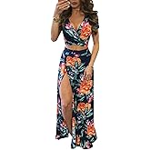 WOKANSE Women's Sexy 2 Piece Outfits Summer Beach Boho Floral Dress V Neck Crop Tops and High Split Maxi Skirt Sets