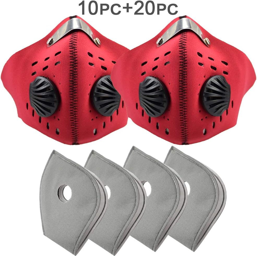 2PCS Face Shields with 4PCS Carbon Filter, PM2.5 Neoprene Unisex Face Cover-Anti Dust Pollution Pollen Allergy, Washable Windproof Breathing Cover for Bicycle, Cycling,Sports, Motorcycling (Red)