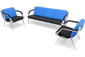 Walmokid Waiting Room Chairs with Armrest, PU Leather Office Furniture, Lobby Conference Reception Chairs, Office Guest Seating for Clinic,Airport,Hospital,Barber,Salon,Bank (Blue & Black, 5-Seat)