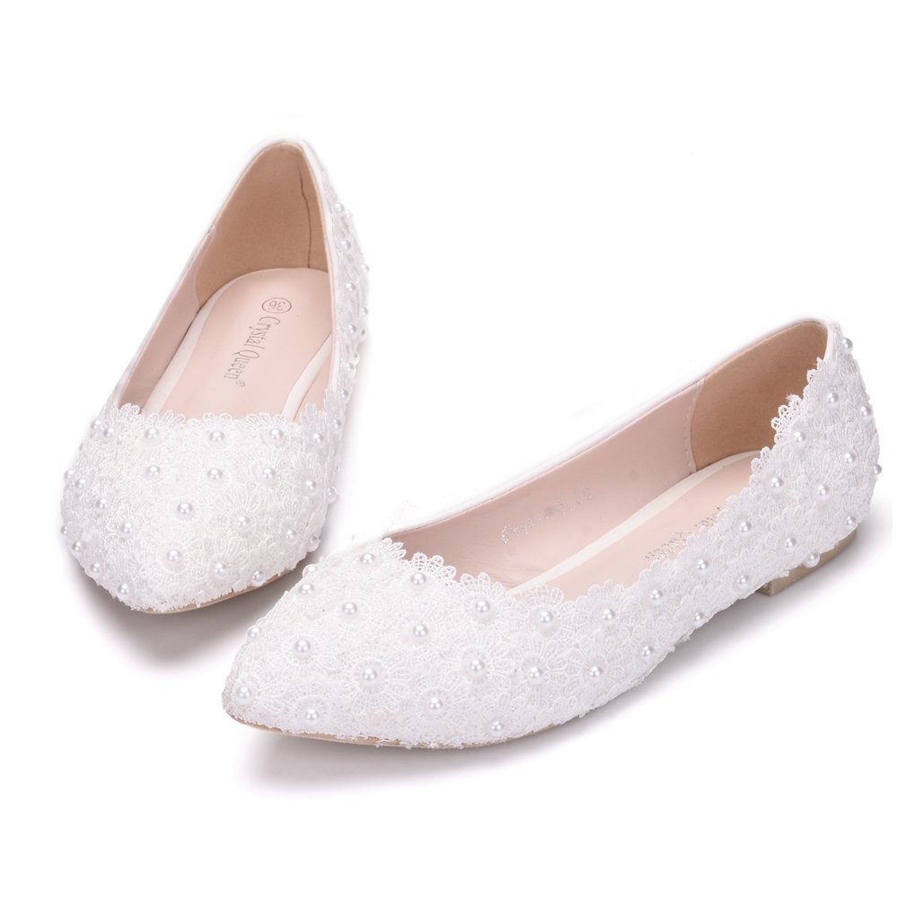 Buy THE LONDON STORE Women's White Pearl Flat Lace Pumps (EU40, White