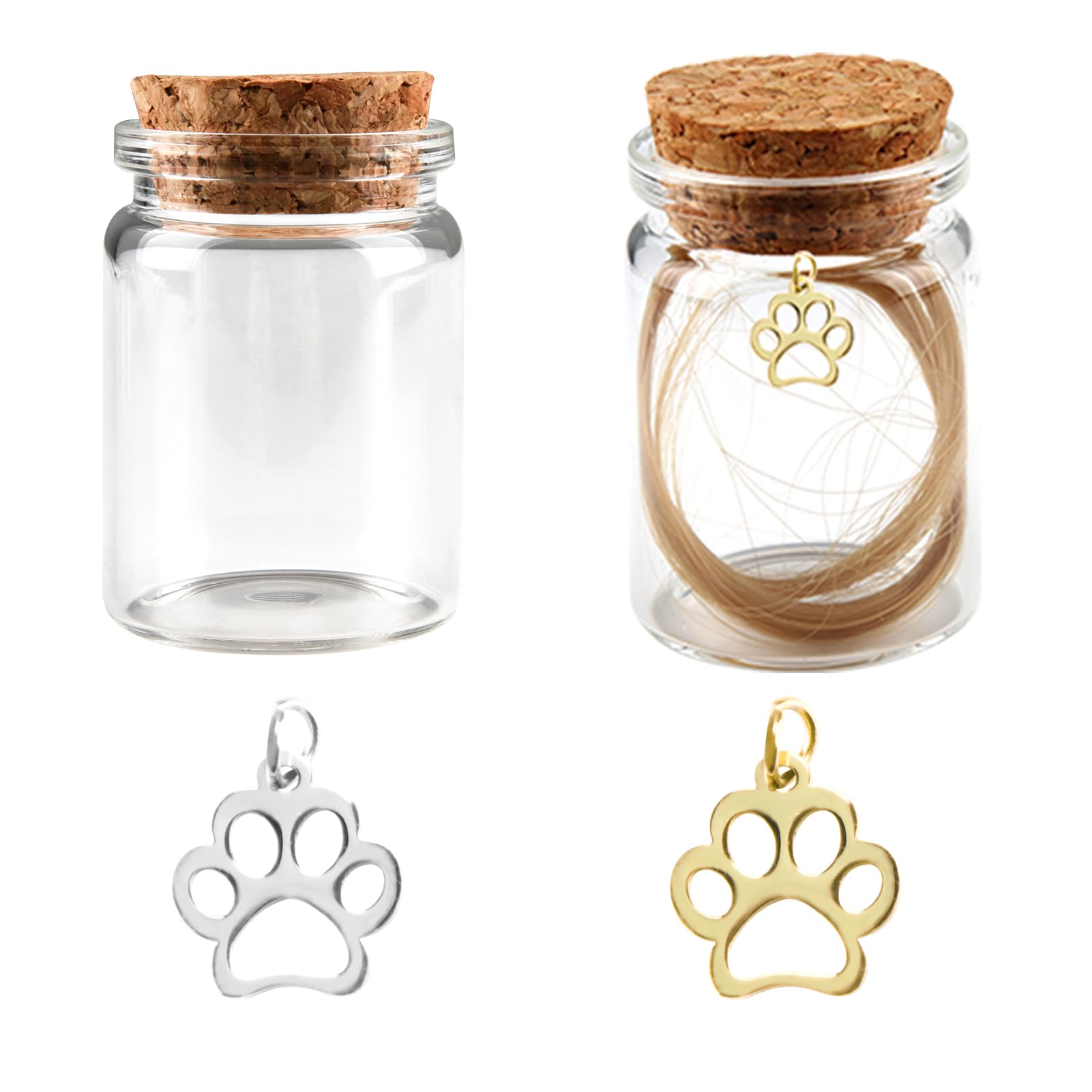 2 Pcs Pet Hair Memorial Bottle with 2 Pcs Pawprint Charm, Pet Fur Hair Keepsake Bottles with Cork, Small Glass Vial for Cat Dog Hair Ashes Loss Gift for Preserve Small Mammals Precious Memories, 30ml