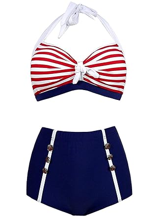Futurino Damen Frühjahr/Sommer Vintage Retro Nautical Sailor Bügel Push Up Bikini Sets Bademode