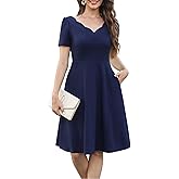 Women's Elegant Vintage 50s Scallop Trim V-Neck Casual Work Dress Swing A Line Cocktail Party Dresses with Pockets 755